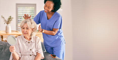 Image showing Nurse, senior woman and hair care by mirror in home living, happy for reflection or mockup space. Caregiver, hairstyle or elderly person in house on couch for beauty, aesthetic hairdresser and health