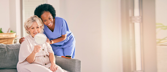 Image showing Elderly woman, nurse and hair care on mirror in home living, happy for reflection or mockup space. Caregiver, hairstyle or senior person in house on couch for beauty, aesthetic hairdresser and health