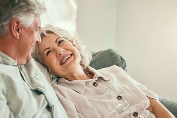 Image showing Love, happy or old couple smile in home living room bonding together to relax on holiday with support or trust. Retirement, hug or senior man laughing with a mature woman with joy or care in marriage