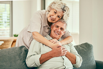 Image showing Portrait, smile or old couple hug in house living room bonding together to relax on holiday for love. Support, happy or senior man in retirement with a mature woman with trust or care in marriage