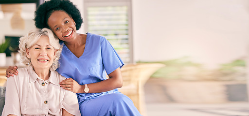 Image showing Happy, woman and a caregiver for home banner, healthcare or medical support with mockup space. Smile, career and portrait of an African nurse with a senior patient for helping in a house and service