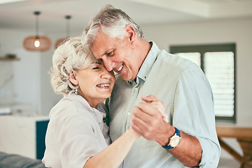 Image showing Holding hands, smile or happy old couple dancing for love or joy in marriage at home together. Hug, romantic elderly man or senior woman bonding with smile or care in retirement or house living room