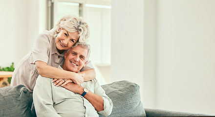 Image showing Portrait, smile or old couple hug in home living room bonding together to relax on holiday for love or trust. Support, happy or senior man in retirement by a mature woman with joy or care in marriage