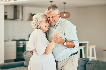 Image showing Holding hands, home or happy old couple dancing for love or trust in marriage at home together. Hug, romantic elderly man or senior woman bonding with smile or care in retirement or house living room