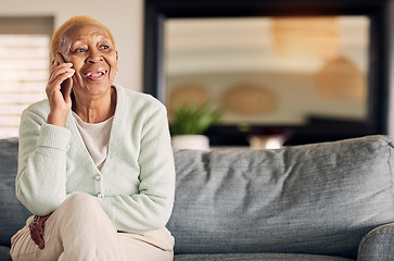 Image showing Phone call, senior woman and living room with conversation and communication in a home. Retirement, African elderly female person and mobile discussion on a lounge sofa with contact and talking