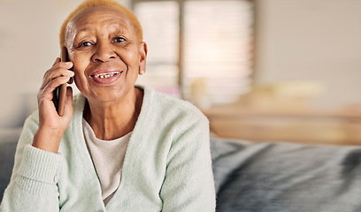 Image showing Phone call, senior woman portrait and living room with conversation and communication in a home. Retirement, African elderly person and mobile discussion on a lounge sofa with contact and talking