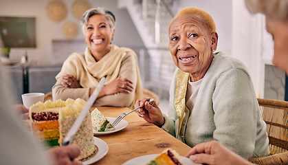 Image showing Cake, conversation and senior people eating at a tea party or event in dining room at a house. Fun, talking and group of elderly friends enjoying dessert or sweet snack together in retirement home.