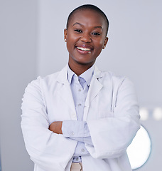 Image showing Black woman, portrait and scientist with arms crossed in lab, office and confidence for research, study and phd work. Science, laboratory and African expert with innovation in biology or chemistry