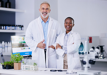 Image showing Portrait, scientist team and people with arms crossed in laboratory for research, work and experiment of plants. Happy, science doctor and confident medical professional, student and mentor together