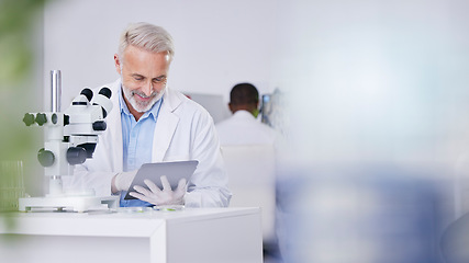 Image showing Science, lab and man with tablet, research and biotech with plants, botany or sustainable medicine mockup. Professional scientist in study on nature, growth and digital report of leaves in laboratory