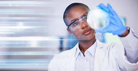 Image showing Science, black woman in lab and study of nature mockup, future technology and research in biotech. African scientist, vision and laboratory innovation in pharmaceutical study, development and growth.