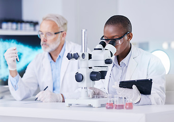 Image showing Science, laboratory and black woman with microscope, tablet and man with blood sample, test tube and medicine. Professional scientist team with study on virus growth, dna and analysis in lab together