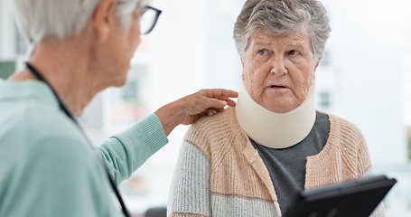 Image showing Doctor, tablet or patient in neck brace in consultation talking about results or planning rehabilitation in hospital. Advice, online or senior caregiver speaking to old woman with injury or accident