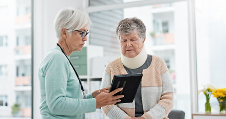 Image showing Results, tablet and senior woman with doctor talking about x ray, data or report on healthcare, injury or elderly care consultation. Patient, nurse and advice in meeting with medical worker or expert