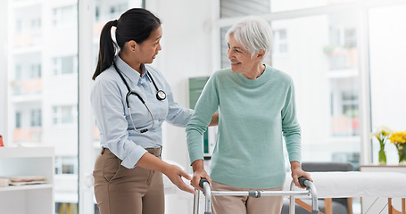 Image showing Rehabilitation, walker or doctor walking with old woman in retirement or hospital for wellness or support. Physio, nurse helping or elderly patient learning with frame in physical therapy recovery