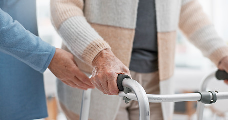 Image showing Hands, walker or caregiver with patient in rehabilitation or hospital for nursing, healing or support closeup. Learning, nurse helping or person with walking frame in physical therapy recovery