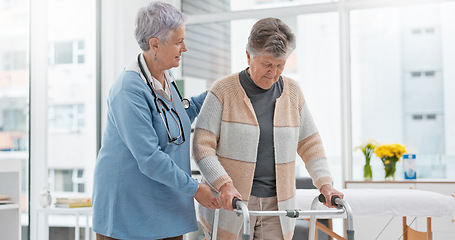 Image showing Rehabilitation, walker or doctor nursing old woman in retirement or hospital for wellness or support. Learning, caregiver helping or elderly patient with walking frame in physical therapy recovery