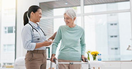 Image showing Rehabilitation, walker or doctor walking with old woman in retirement or hospital for wellness or support. Physio, nurse helping or elderly patient learning with frame in physical therapy recovery