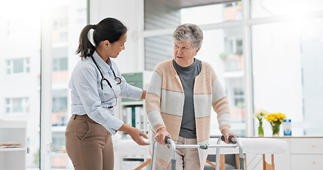 Image showing Physical therapy, walker or doctor nursing old woman in retirement or hospital for wellness or support. Exercise, caregiver helping or elderly patient learning with walking frame in rehabilitation