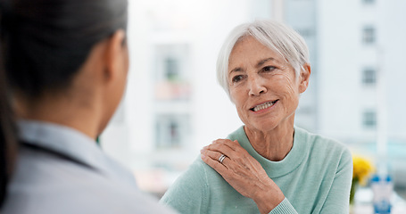 Image showing Consulting, shoulder pain and medical with doctor and old woman for physical therapy, advice and injury. Medicine, healthcare and results with patient in hospital for help, check and rehabilitation