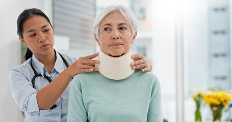 Image showing Doctor, senior woman and neck brace after injury, accident or hospital emergency. Medical professional, elderly person and collar in consultation for healthcare, wellness or healing in rehabilitation