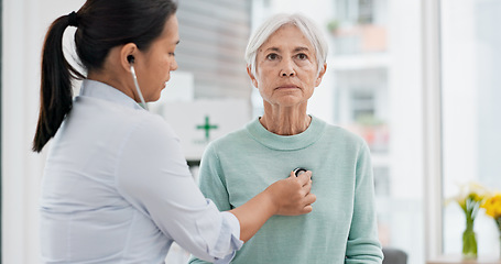 Image showing Old woman, doctor or stethoscope to check heartbeat or breathing and health of elderly patient in hospital. Consultation, listening or nurse with a senior patient for healthcare or wellness in clinic