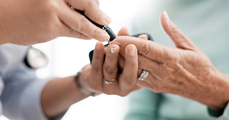 Image showing Hands, diabetes and a doctor with a patient and tools for a healthcare check with a finger prick. Closeup, service and a nurse with a person and machine for sugar or glucose exam from a blood sample