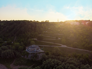 Image showing Aerial top vew of winding road in the city