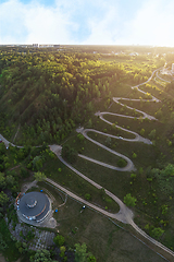 Image showing Aerial top vew of winding road in the city