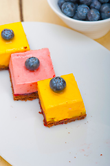 Image showing strawberry and mango mousse dessert cake