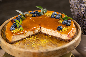 Image showing Cheesecake with salted caramel sauce