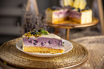 Image showing Piece of blueberry cheesecake