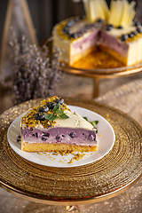 Image showing Piece of blueberry cheesecake