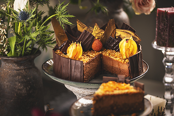 Image showing Still life of layered chocolate mousse cake