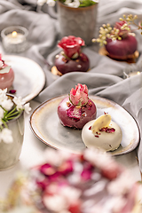 Image showing Still life of beautiful mousse cakes