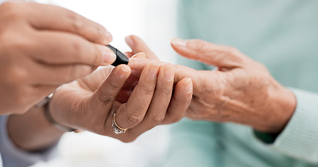 Image showing Hands, diabetes test and a doctor with a patient for a healthcare check with a finger prick. Closeup, service and a nurse with a person and machine for sugar or glucose exam from a blood sample