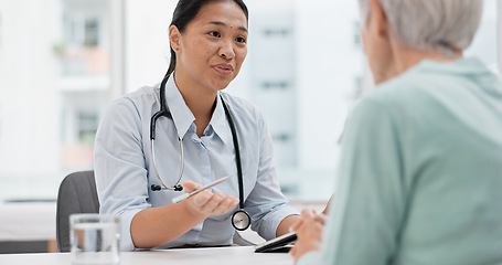 Image showing Medical consultation, tablet and senior woman, doctor and talk to patient, explain hospital services or healthcare insurance. Chat, results or cardiology worker consulting, advice or help old person