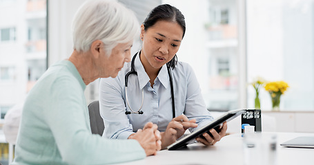 Image showing Results, tablet and senior woman with doctor talking about healthcare data, report or communication in elderly care or consultation. Patient, nurse and advice in meeting with medical worker or expert