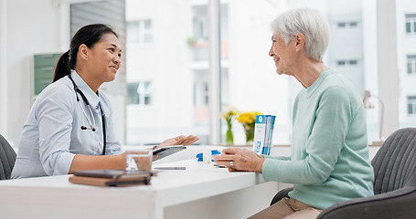 Image showing Medical consultation, tablet and senior woman, doctor and talk to patient, explain hospital services or healthcare insurance. Chat, results or cardiology worker consulting, advice or help old person