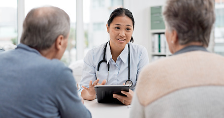 Image showing Medical consultation, tablet and senior couple, doctor and talk to client, explain hospital service or healthcare insurance. Discussion, good results or happy cardiology worker consulting old people