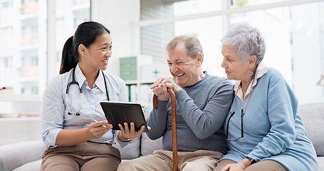 Image showing Healthcare, doctor tablet and senior couple with digital results in retirement home with caregiver support. Nursing, technology and online information with communication and elderly patient with talk