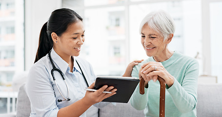 Image showing Talking, old woman or doctor with tablet for results, report or report history online in hospital in consultation. Support, healthcare or Asian nurse with medical update for elderly patient in clinic