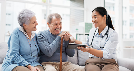 Image showing Healthcare, doctor tablet and senior couple with digital results in retirement home with caregiver support. Nursing, technology and online information with communication and elderly patient with talk