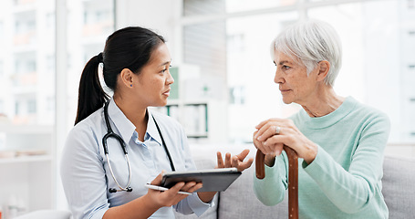 Image showing Talking, old woman or doctor with tablet for results, report or report history online in hospital in consultation. Support, healthcare or Asian nurse with medical update for elderly patient in clinic