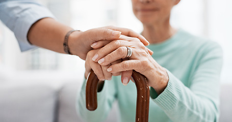 Image showing Senior woman, walking cane and holding hands of nurse with healthcare support for retirement. Caregiver, elderly female person and empathy with care and nursing of patient with help in a home