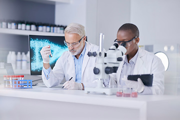Image showing Black woman, man and microscope in lab with blood sample, tablet and test tube for medical study. Scientist team in laboratory for digital report, research and innovation in dna technology in science