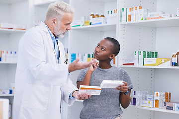 Image showing Pharmacist, product choice and woman question healthcare worker on pills, medication or pharmaceutical. Pharmacy clinic, supplements and black person ask doctor recommendation on medicine decision