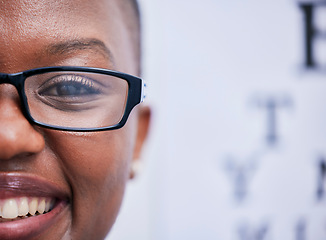 Image showing Happy, black woman and portrait with glasses from eye exam, eyesight test or prescription eyewear from optometrist. Half, face and girl with spectacles, smile and confidence in vision, frame or lens