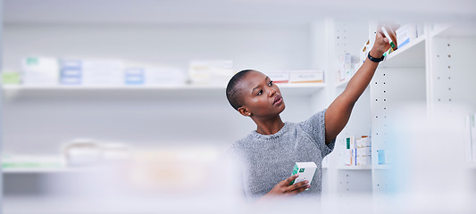 Image showing Pharmacy, medicine shelf and black woman choice of pills boxes, healthcare drugs or medical product brand. Pharmaceutical shopping, vitamin supplements and African customer search store package stock