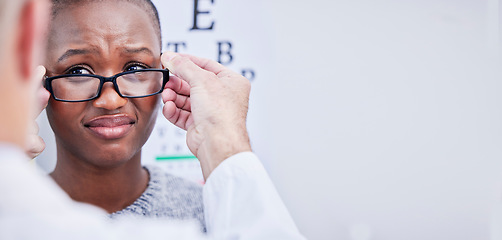 Image showing Woman, vision and doubt of optometry glasses in eye exam banner, test or assessment on clinic mockup space with optician. African customer, unhappy and confused face in prescription lens consultation